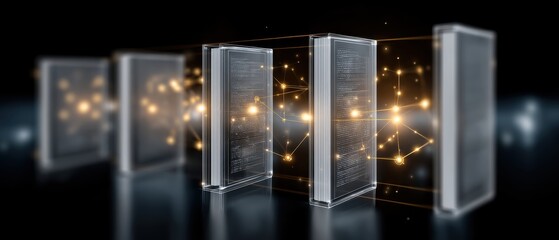 Transparent digital servers connected by glowing data points represent advanced cloud computing and network infrastructure in a futuristic data center setting.