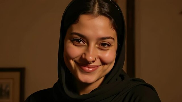 Portrait of a Palestinian Woman Aged Twenty-Eight Wearing a Hijab and Gold Nose Ring Shows a Mature and Warm Expression