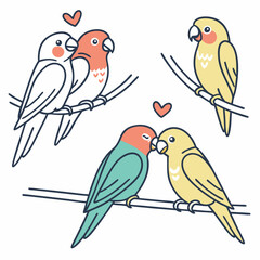 Adorable cartoon lovebirds perched on branches romantic illustration