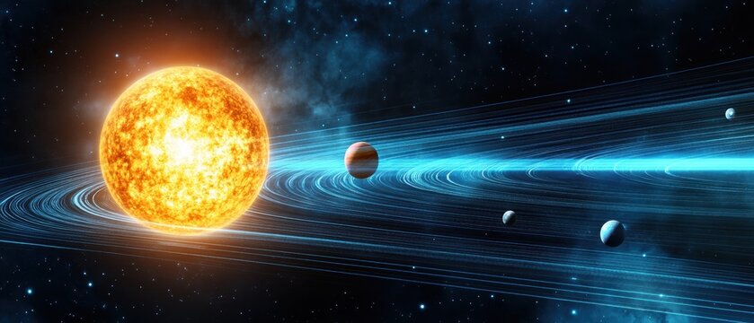 A bright sun illuminates a planetary system with planets and glowing blue rings against a starry cosmic background.