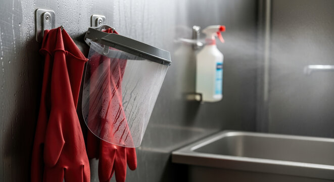 Protective face shield and red rubber gloves hanging on hooks in a wet industrial cleaning room with disinfectant spray