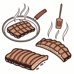 Delicious grilled ribs pan cooking illustration