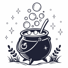 Witchs cauldron brewing magical potion bubbles stars
