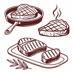 Delicious grilled steaks frying pan serving platter