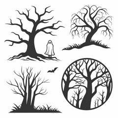 Spooky halloween bare trees ghost bat silhouettes