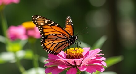 Fototapeta premium Monarch butterfly on pink zinnia