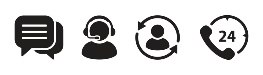 Set of customer service icons, support service, help call center or information in silhouette style isolated on white background