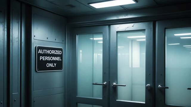 Secure Interior Corridor with Frosted Glass Doors and Authorized Personnel Only Sign in Industrial Facility Under Fluorescent Lighting

