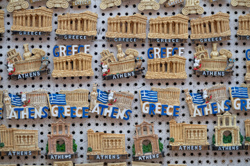 Fridge magnets for sales in Athens, Greece, displaying famous landmarks from Athens