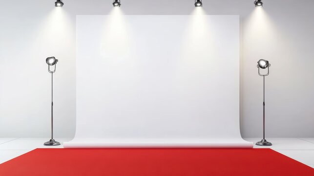 A white photo shoot backdrop with four studio lights illuminating the space and a red carpet in front.