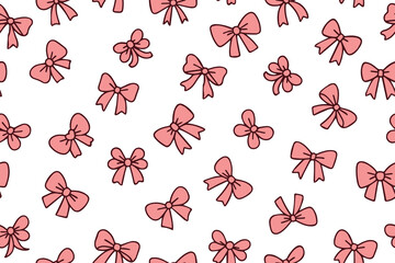 Seamless pattern of pink hand drawn bows. Decorative festive design for birthday packaging in doodle style. Wedding celebration decoration symbol illustration. Vector