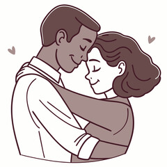 Interracial couple embracing love romantic illustration
