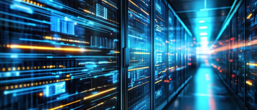 A futuristic server room with glowing blue and orange lights showing data transfer and high-tech digital infrastructure. - Powered by Adobe