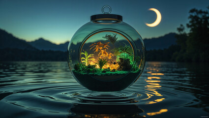 A magical terrarium in a glass orb floating on water under a crescent moon at twilight
