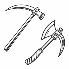 Hand drawn scythe and axe tools illustration