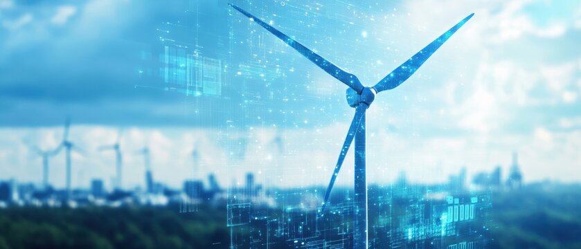A wind turbine with digital data overlay stands tall against a city skyline, symbolizing clean energy and smart technology integration.