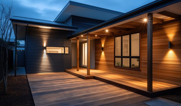 Architectural front porch and entrance of a modern New Zealand home with dark timber cladding and warm nighttime lighting, showcasing wooden beams and cozy ambiance