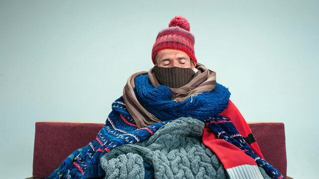 Tired sick man sits bundled in heavy winter clothes with eyes closed and eyebrows raised as if sighing, exhausted by cold. Concept of seasonal discomfort in home interiors
