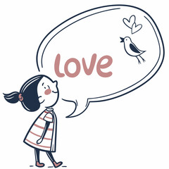 Little girl dreaming of love birds and hearts