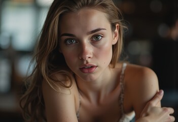 Young woman with raised eyebrows expressing surprise and curiosity