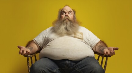 Old man with wild beard on chair, Surprised expression on yellow background, Funny character in casual messy style