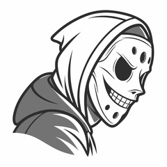 Hooded figure wearing skull hockey mask
