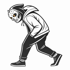 Hooded figure in skull mask walking illustration