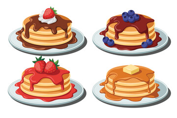Four Delicious Pancakes with Various Toppings