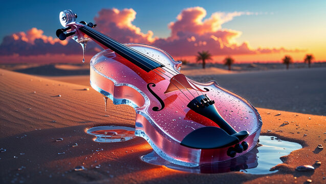 Abstract artistic rendering of a transparent violin on sand under a sunset sky