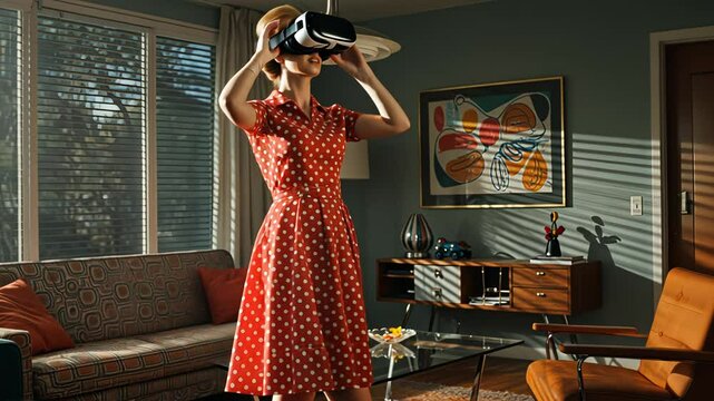 Woman wearing VR headset, using virtual reality technology in a retro-style living room, future meets past concept footage.