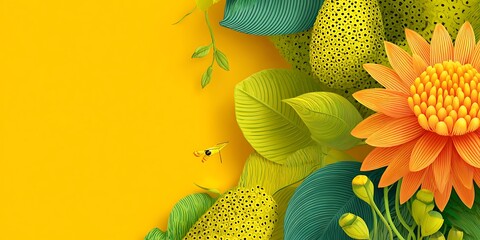 Vibrant botanical arrangement with an orange flower, green leaves, & yellow fruits on a bright yellow background