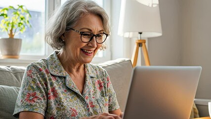Happy senior woman using laptop at home. Mature female with gray hair smiling while typing on computer keyboard. - Powered by Adobe