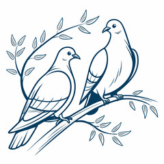 Two doves perched on branch spring leaves
