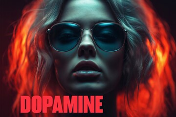 Woman with sunglasses and red glow, Bold fashion look with dopamine text, Attitude and mood concept image