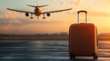 A solitary suitcase stands on an airport tarmac as an airplane prepares for takeoff, highlighting the anticipation of travel and new journeys ahead.