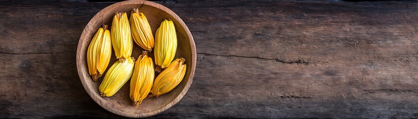 Yellow Flowers.
Pale yellow flowers in a wooden bowl sit on a grainy, dark wood table. Studio shot