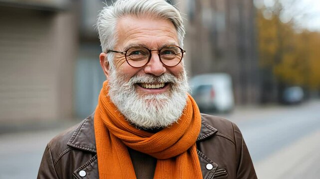 Senior man in round glasses taking selfie with smartphone outdoor. Happy adult male traveler capturing memory on street. Video.