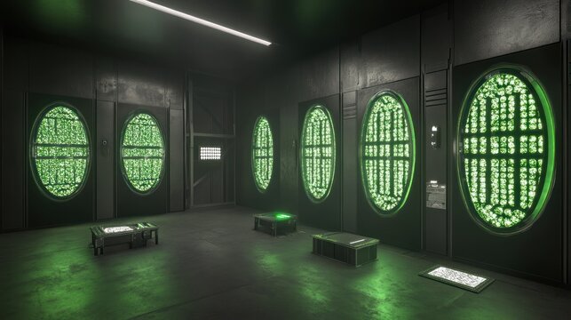 Futuristic control room with glowing green panels