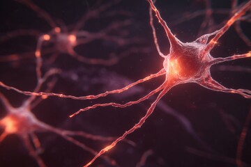 Close-up neural cell glowing in red light, Artistic view of dopamine neuron, Conceptual science or health visual