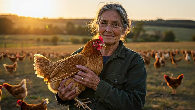 Elderly woman farmer holding chicken on farm at sunset. Free range poultry farming, happy sustainable agriculture concept.