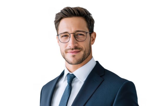 Confident young professional man in a tailored suit and glasses. smiling warmly against a minimalist white background. symbolizing success and modern business culture