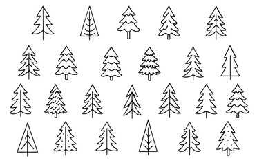 Christmas trees set. Christmas tree icons. Hand drawn in doodle style. Perfect design for greeting cards, posters, t-shirts, banners, flyers, web, print invitations. Vector illustration