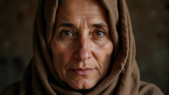 Weathered Elegance Palestinian Woman Sixty Years Old Close Up Portrait Deep Set Eyes Hijab Gold Nose Ring