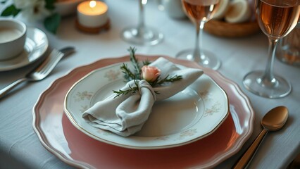 A beautifully arranged dining table featuring a decorated plate, flowers, and a wine glass, evoking themes of elegance and sophistication for special occasions or romantic gatherings.

