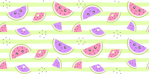Pink and purple watermelon slices with a cute face and a carved heart on a green striped background with seeds. Colorful endless texture with kawaii summer fruit. Vector seamless pattern for printing