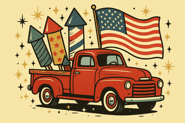 Retro Patriotic Truck with Fireworks and American Flag &ndash; 4th of July SVG Vector