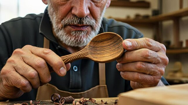 Senior man, a skilled wood carver, examines a beautifully crafted wooden spoon with intricate details, hobby video.