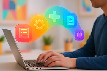 Person using laptop with holographic glowing folders, email, and settings icons in air