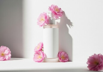  White Skincare Product Spray with Pink Flowers