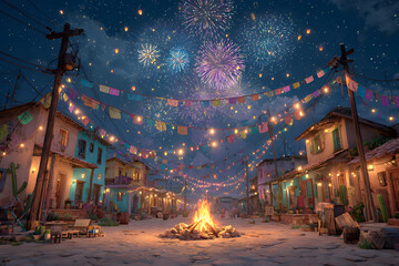 Colorful illustration of a nighttime Festa Junina, with vibrant flags, balloons, a crackling bonfire, fireworks and a starry sky. The typical houses and cacti in the scene reinforce the festive and tr